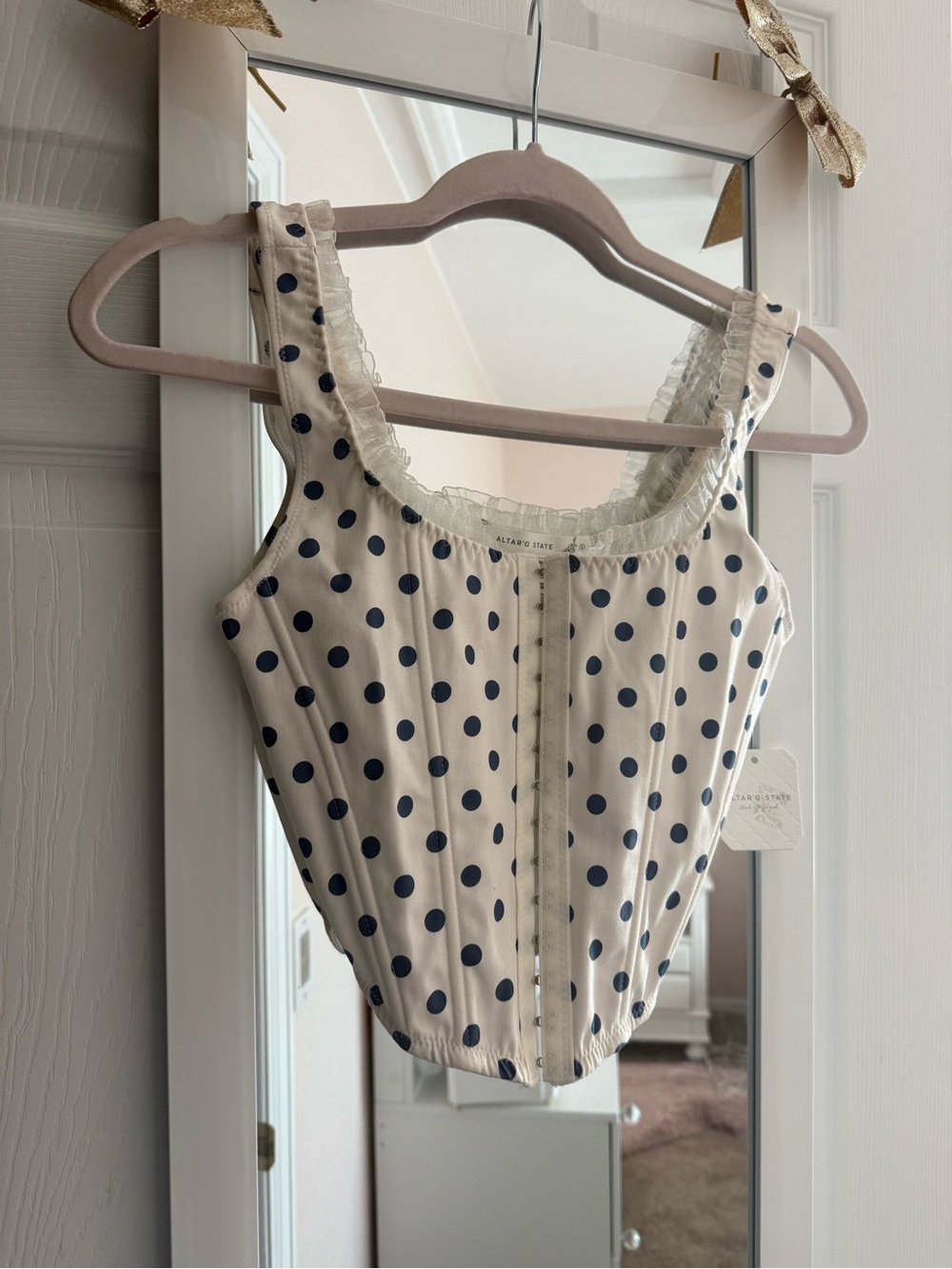 Altar'd State Cream Tank with Navy Polka Dots & Lace Trim
